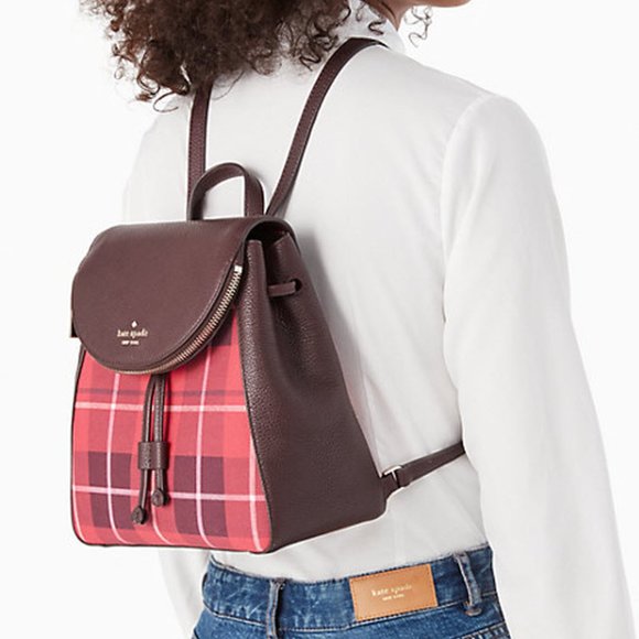 KATE SPADE LEILA MEDIUM FLAP BACKPACK TOTE BAG classic plaid LEATHER - Picture 3 of 4